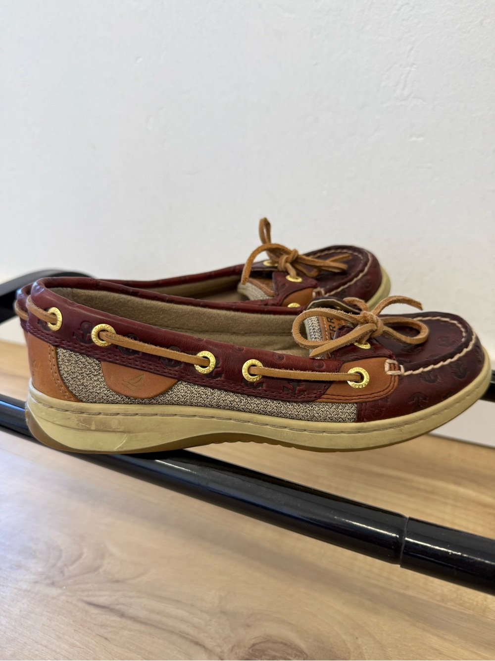 Sperry Burgundy and Tan Leather Canvas Boat Shoes
